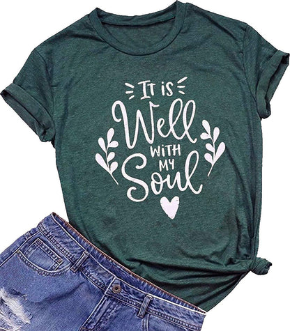 It Is Well with My Soul Christian T Shirt Women Casual Letter Print Shirts Short Sleeve Inspirational Tops Tee