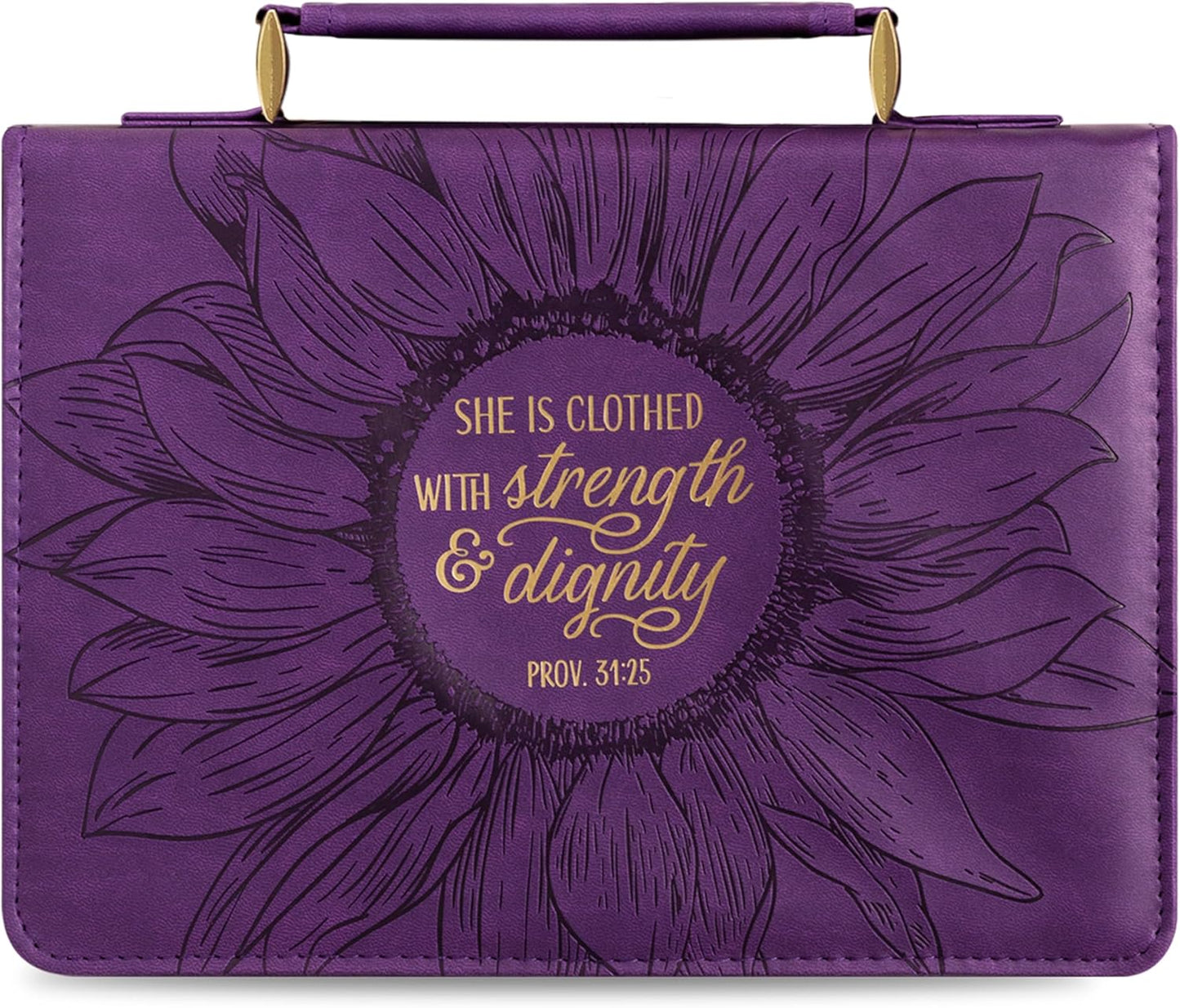 Women'S Fashion Bible Cover Strength and Dignity Proverbs 31:25, Purple/Gold Sunflower Faux Leather, Medium