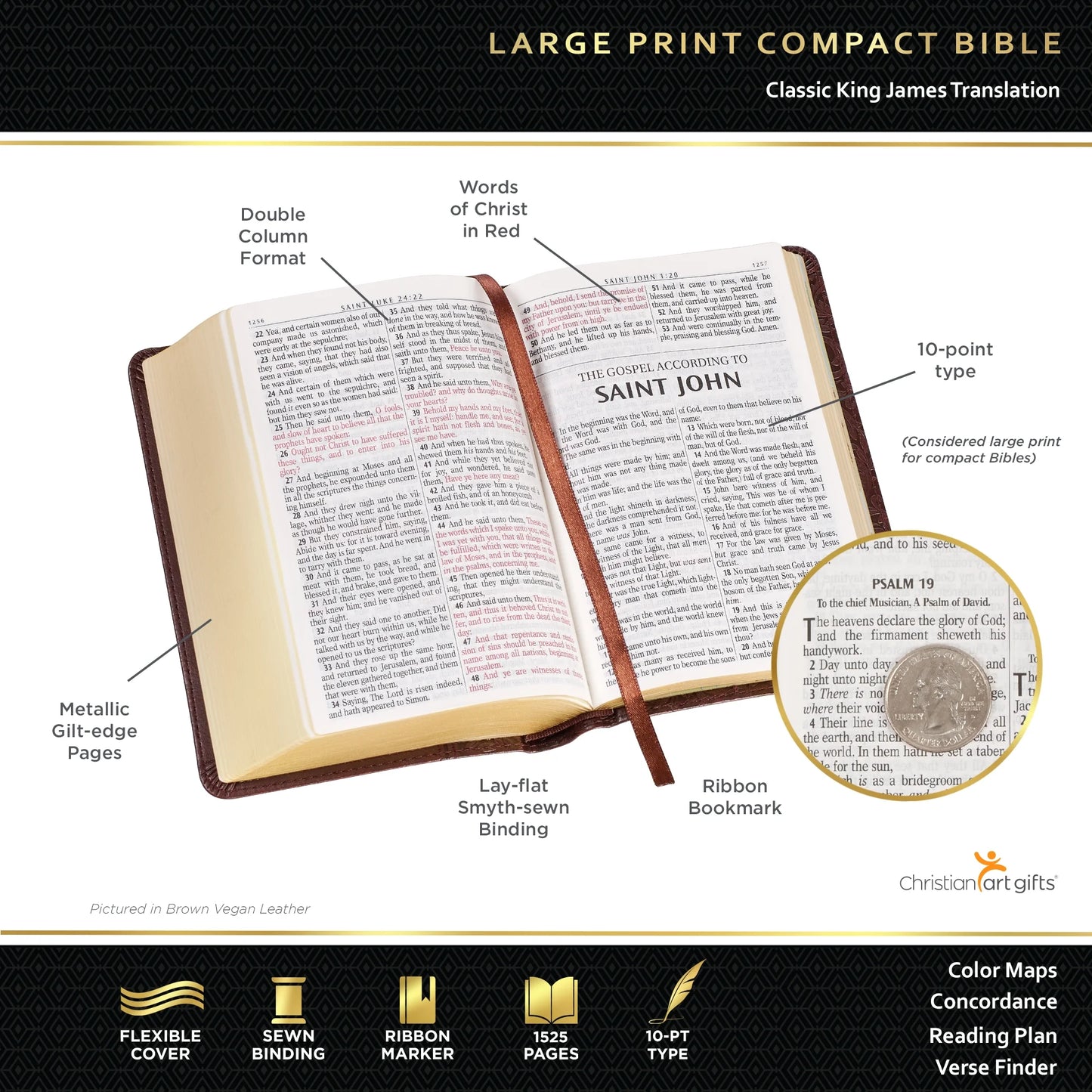 KJV Holy Bible, Compact Large Print Faux Leather Red Letter Edition - Ribbon Marker, King James Version, Dark Brown