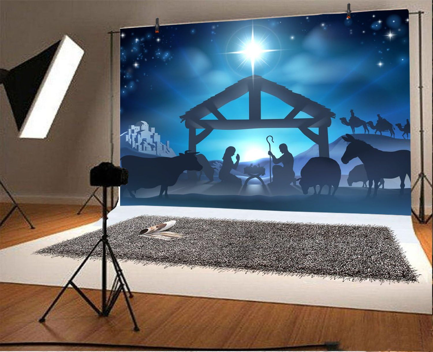 10X10Ft Birth of Jesus Backdrop Christmas Night Manger Nativity Scene Silhouette Background Farm Barn Stable Christianity Photography Prop Studio Photo Booth Props