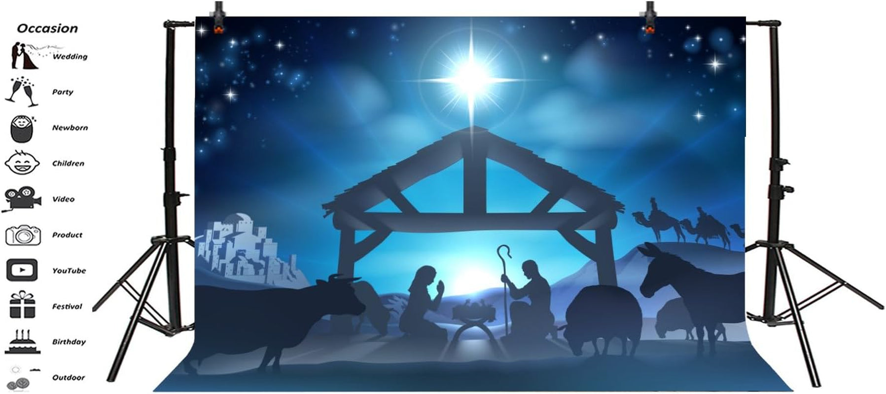 10X10Ft Birth of Jesus Backdrop Christmas Night Manger Nativity Scene Silhouette Background Farm Barn Stable Christianity Photography Prop Studio Photo Booth Props