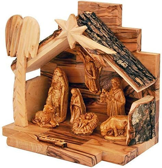 Olive Wood Nativity Set with Figurines | Bark Roof Stable | Made in Bethlehem