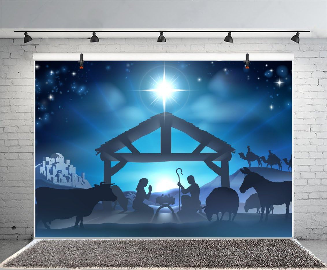 10X10Ft Birth of Jesus Backdrop Christmas Night Manger Nativity Scene Silhouette Background Farm Barn Stable Christianity Photography Prop Studio Photo Booth Props