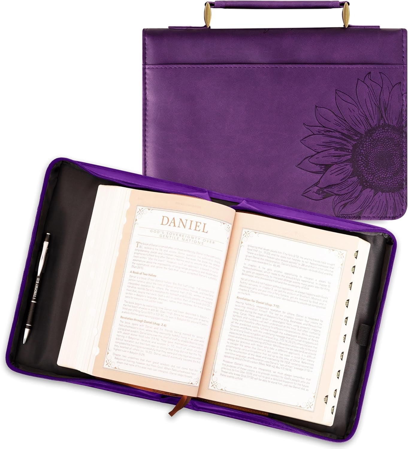 Women'S Fashion Bible Cover Strength and Dignity Proverbs 31:25, Purple/Gold Sunflower Faux Leather, Medium