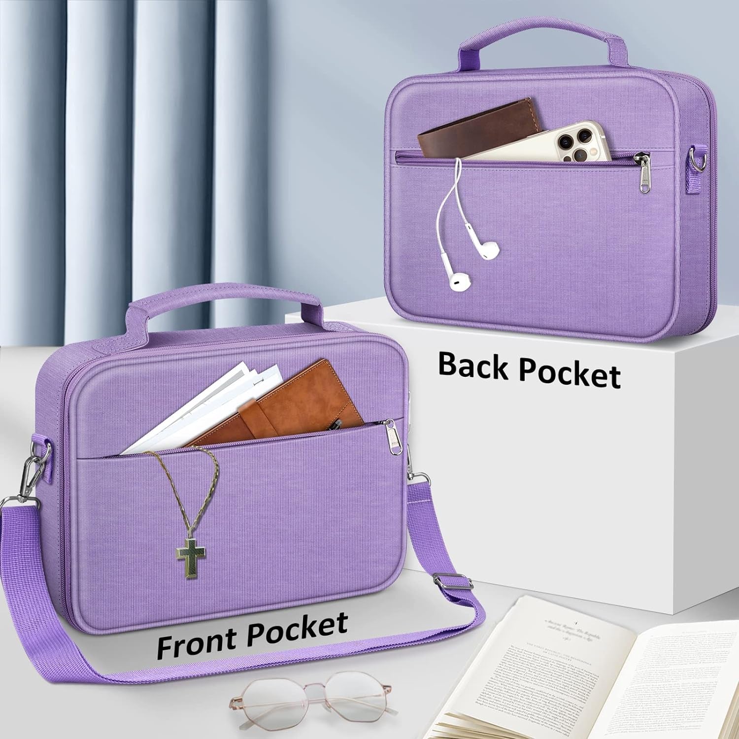 Large Bible Cover W/Shoulder Strap, Carrying Book Case Church Bag Bible Protective W/Pen Slots and Zippered Pocket, Gift for Women Lady, Lilac