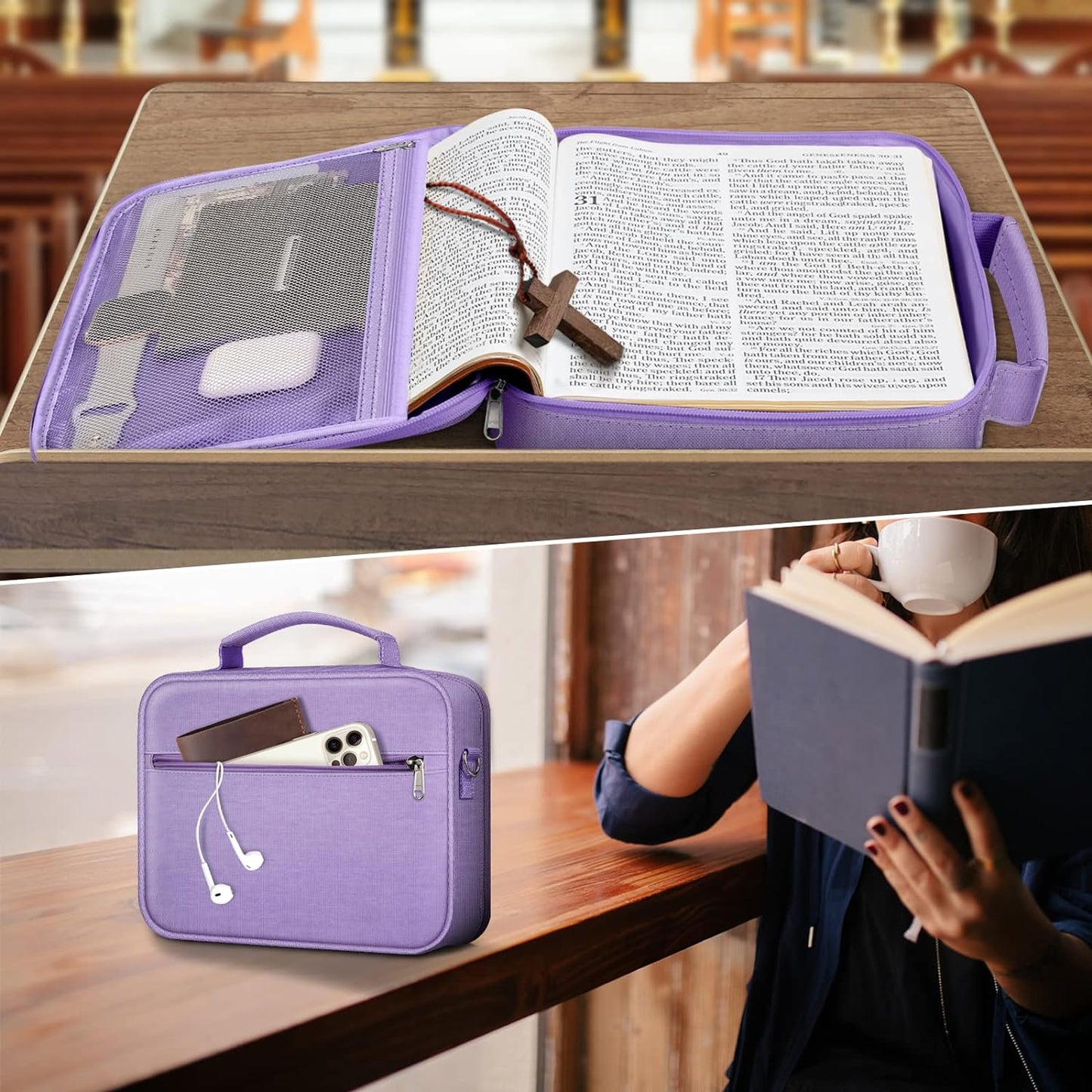 Large Bible Cover W/Shoulder Strap, Carrying Book Case Church Bag Bible Protective W/Pen Slots and Zippered Pocket, Gift for Women Lady, Lilac