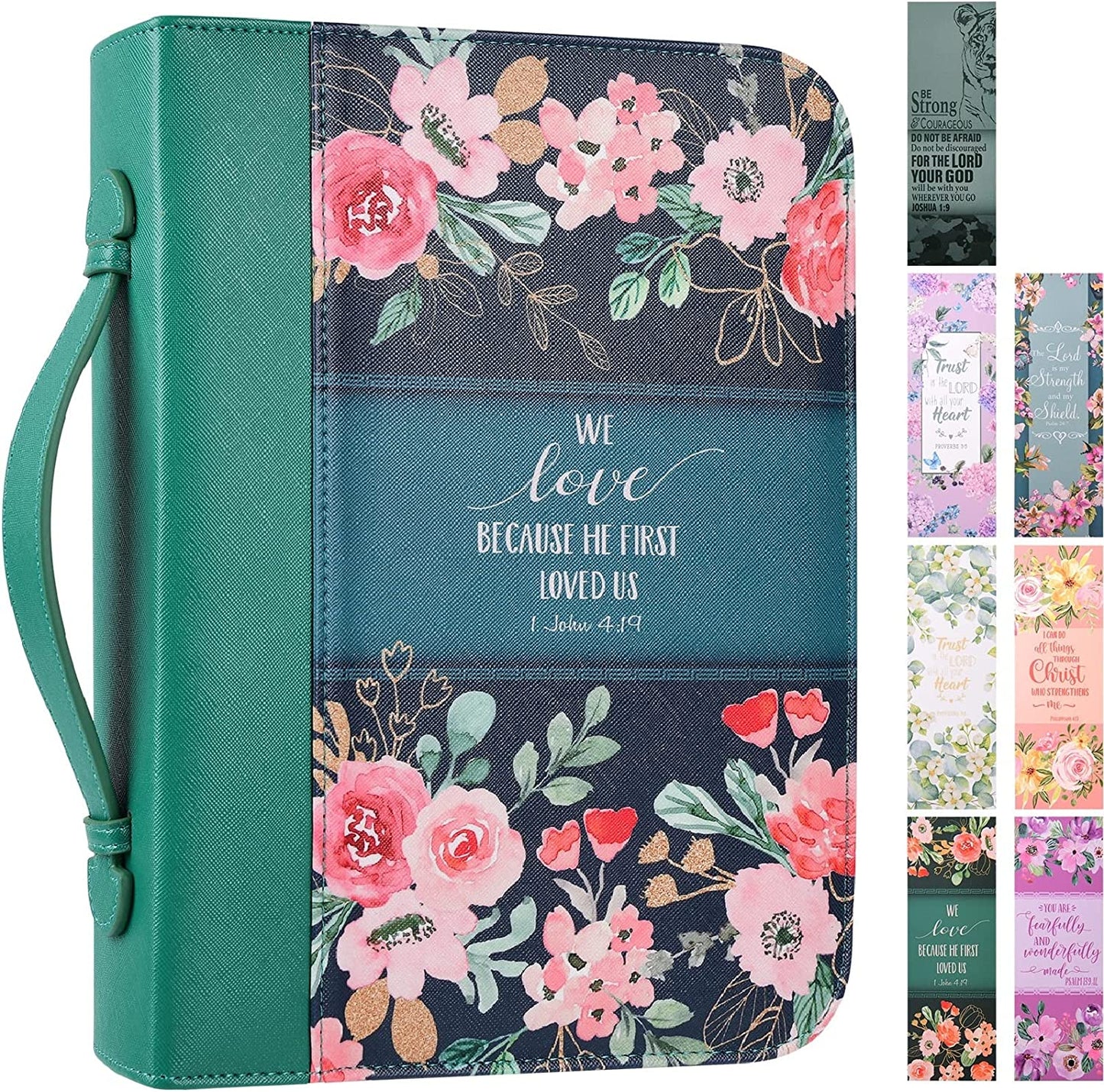 Bible Cover Case for Women with 7 Beautiful Paper Bookmarks Floral PU Leather Bible Cover Bag with Pockets and Zipper for Standard and Large Size Study Bible 10.8"X7.8"X2" (Dark Green)